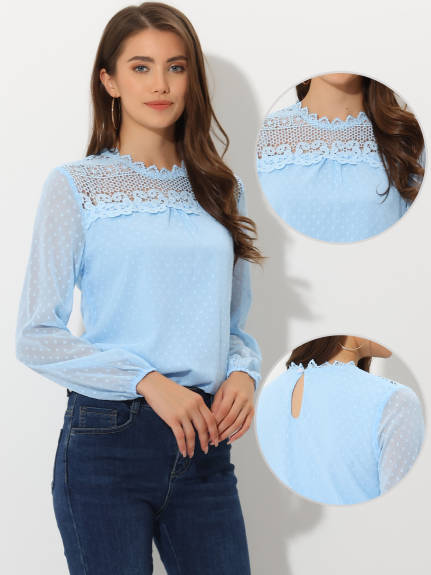 Allegra K- Lace Crochet Crew Neck Chiffon Blouse