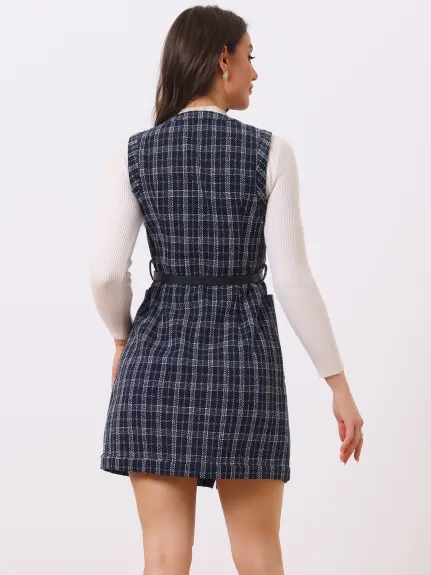 Allegra K - Button Down Pinafore Tweed Dress with Belt