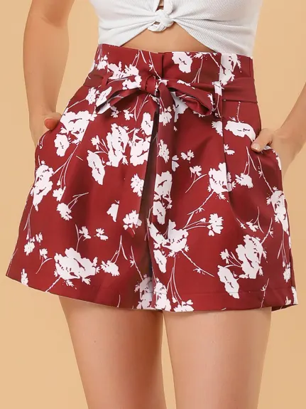 Allegra K - Summer High Waist Floral Paper Bag Shorts