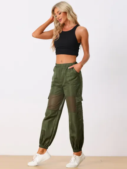 Allegra K- Mesh Panel Pant High Waist Sheer Elastic Baggy Cargo Pants