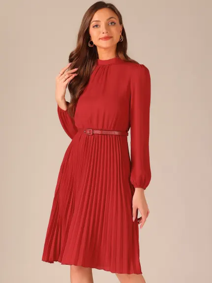 Allegra K- Elegant Long Sleeve Pleated Midi Shirt Dress