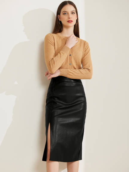 Allegra K - Faux Leather Side Slit Pencil Skirt