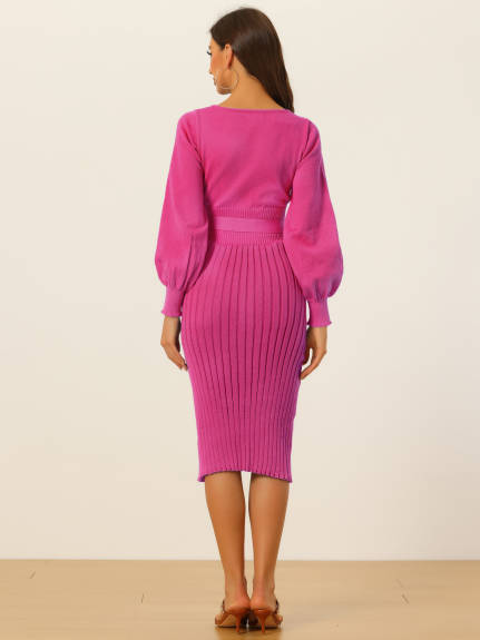 Allegra K- Knit Belted Crew Neck Lantern Sleeves Sweater Dress