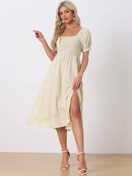 Allegra K- Midi Smocked Front Tie Back Checks Gingham Dress