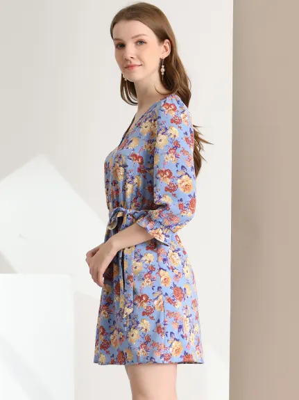 Allegra K- Floral Half Placket Belted 3/4 Sleeve Dress