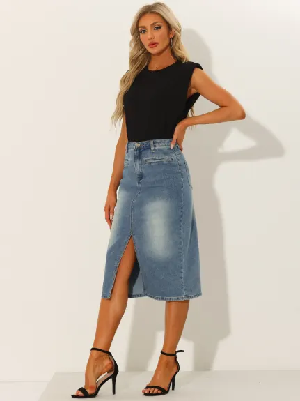 Allegra K- High Waist Slit Front Midi Denim Skirt