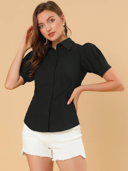 Allegra K- Puff Sleeve Collared Cotton Shirt