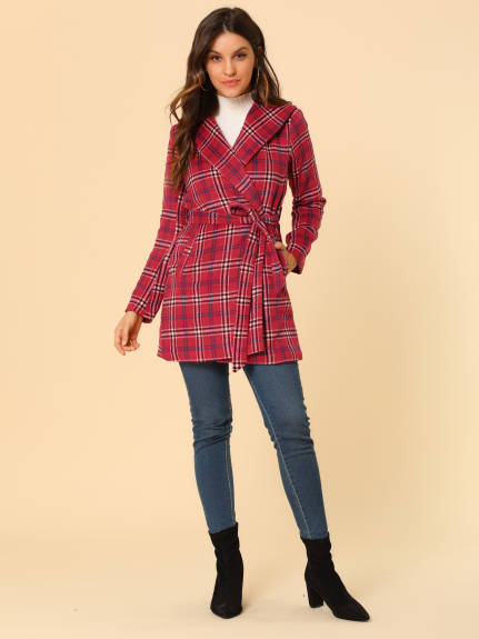 Allegra K- Plaid Shawl Collar Belted Wrap Coat