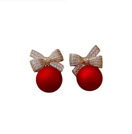 Red Pearl Cubic Zirconia Festive Bow Stud Earrings - In Gift Box - Don't AsK