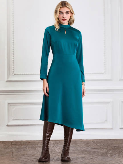 Hobemty - Solid Mock Neck Elegant Midi Dress