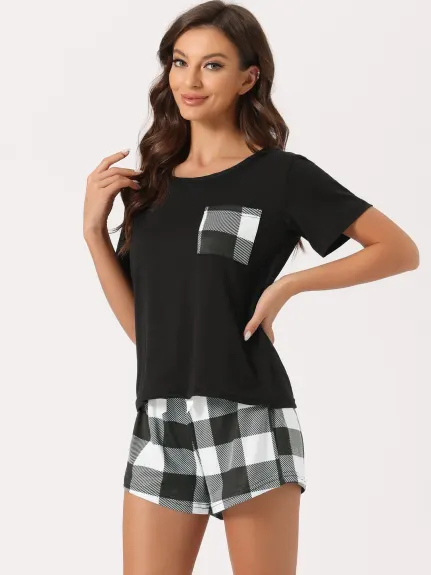 cheibear - T-Shirt with Shorts Plaid Pajama Set