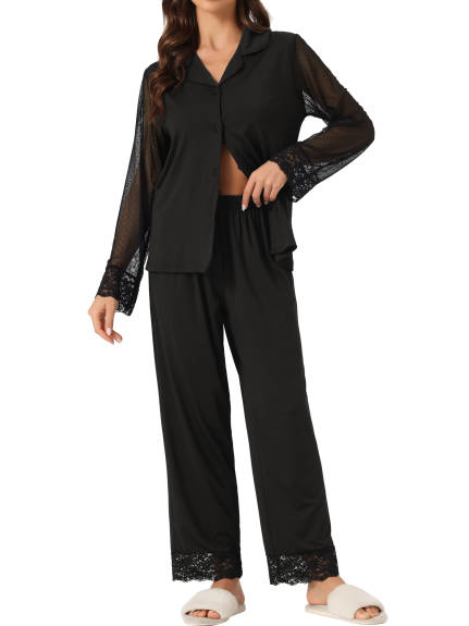 cheibear - Button Down Mesh Sleeve Pajama Set