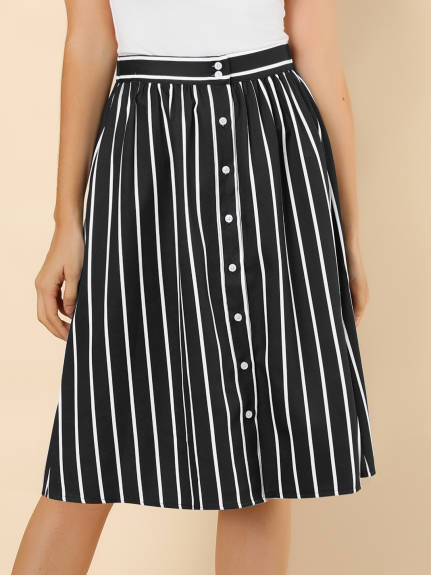 Allegra K - Button A-Line Striped Midi Skirt