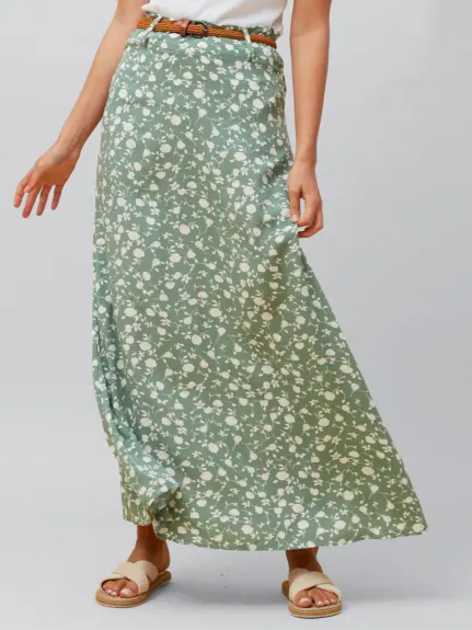 Annick - Serafina Long Maxi Skirt Flower Print Belt Included Green