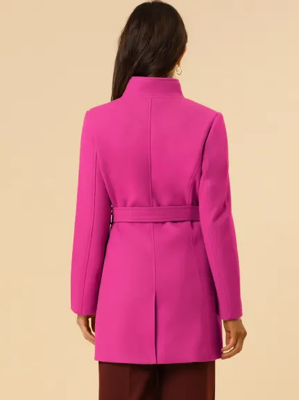 Allegra K- Classic Stand Collar Belted Long Coat