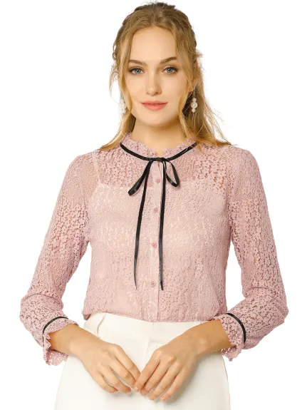 Allegra K- Blouse florale semi-transparente à manches longues en dentelle