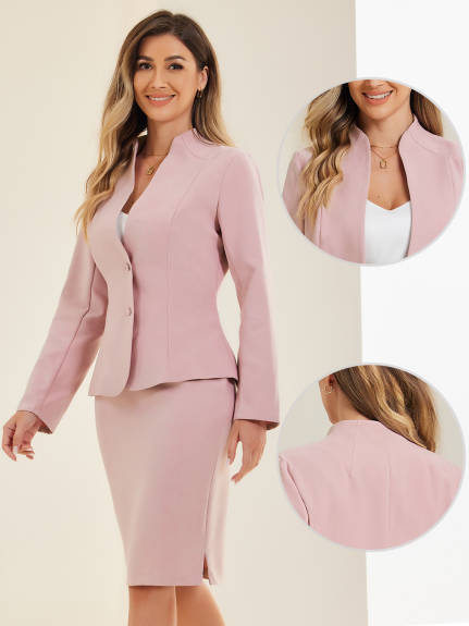 Allegra K - Collarless Blazer and Pencil Skirt Suit