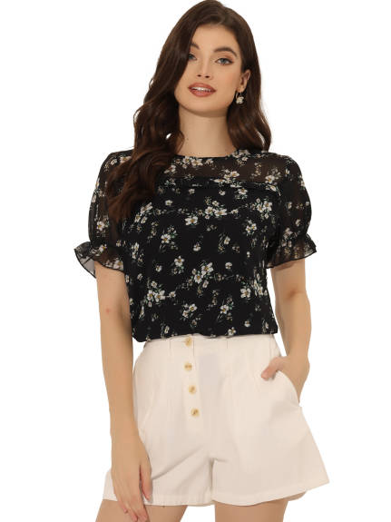 Allegra K- Chiffon Ruffled Trim Floral Blouse