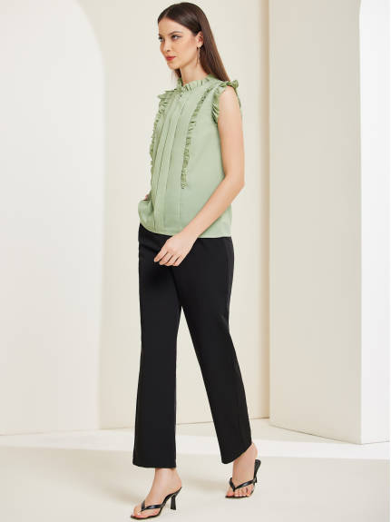 Allegra K - Ruffle Mock Neck Sleeveless Pleated Blouse