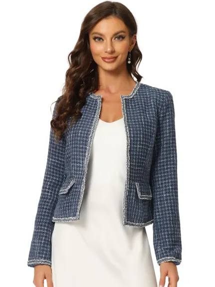 Allegra K- Plaid Tweed Open Front Short Blazer