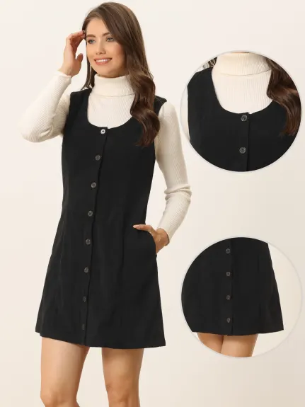 Allegra K - Corduroy Sleeveless Button Down Pinafore Dress