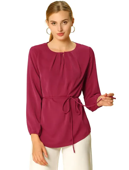 Allegra K- Long Sleeve Round Neck Belted Waist Peplum Blouse