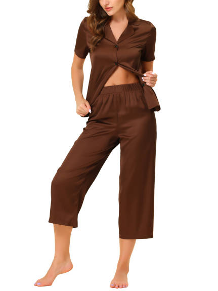 cheibear - Lounge Top and Capri Pants Satin Pajama Set