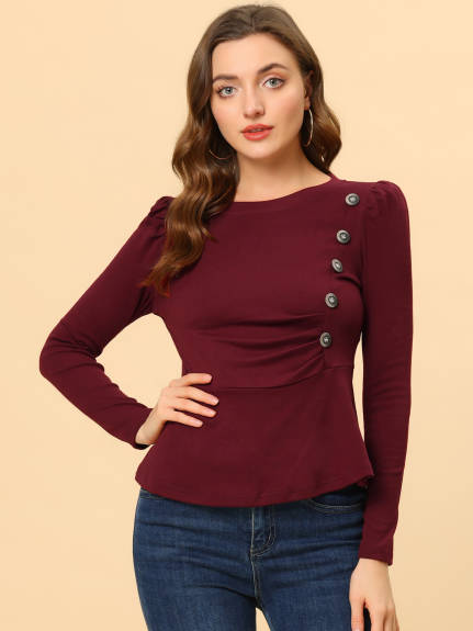 Allegra K- Puff Long Sleeve Button Decor Peplum Pullover Top