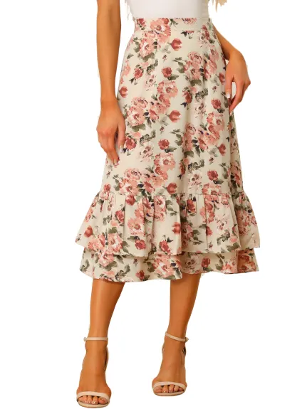 Allegra K- Printed Chiffon Ruffle Tiered Zipper Midi Skirt