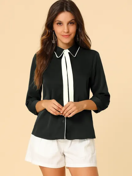 Allegra K- 3/4 Sleeve Contrast Color Tie Neck Shirt