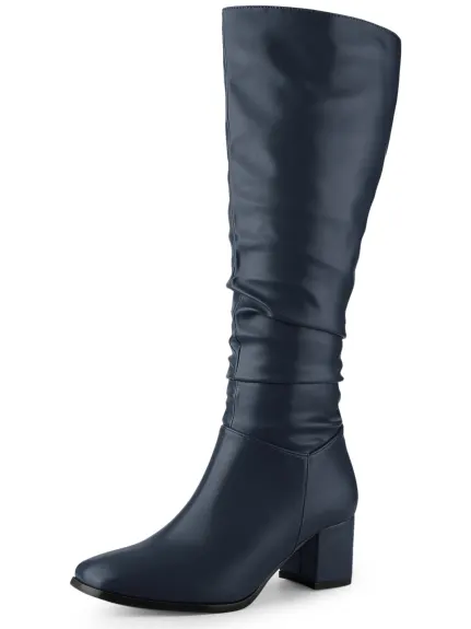 Allegra K - Slouch Square Toe Block Heel Knee High Boots