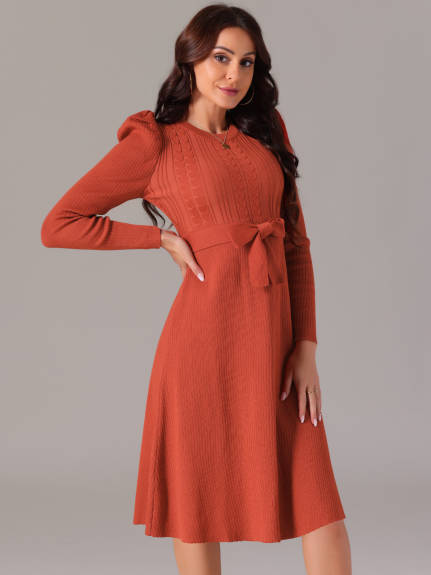 Allegra K - Puff Long Sleeve Tie Waist Midi Dress