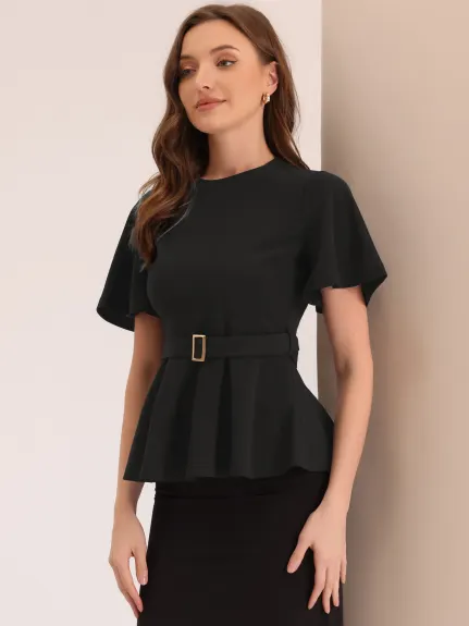 Allegra K - Bell Sleeve Belted Waist Peplum Top