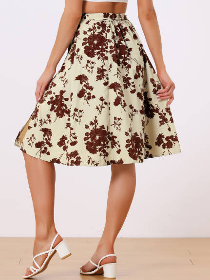 Allegra K- Slit Floral Belted A-Line Midi Skirt