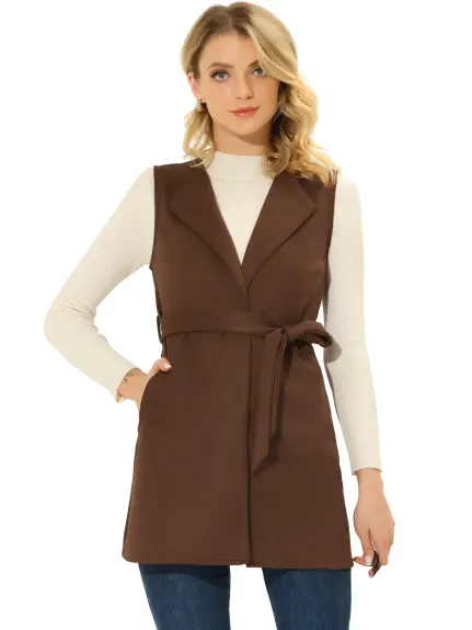 Allegra K- Suede Vest Cardigan Belted Sleeveless Long Blazer