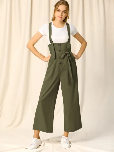 Allegra K- Wide Leg Belted Button Jumpsuit Overall