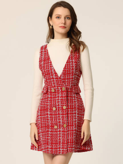 Allegra K - Elegant Button Plaid Tweed Overalls Skirt