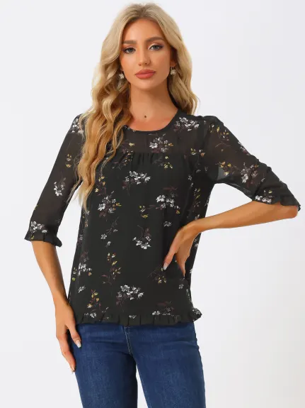 Allegra K- Floral Ruffled 3/4 Sleeve Chiffon Blouse