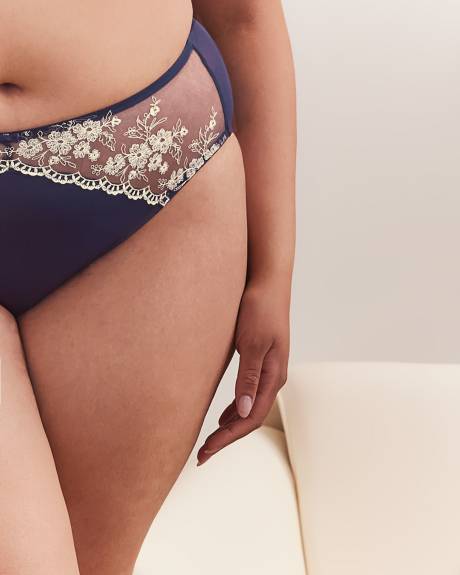 Blue High-Cut Brief with Lace Embroidery and Mesh Back - Déesse Collection