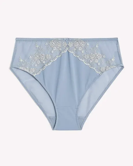 Culotte échancrée bleue avec dentelle brodée et arrière en mesh - Déesse Collection