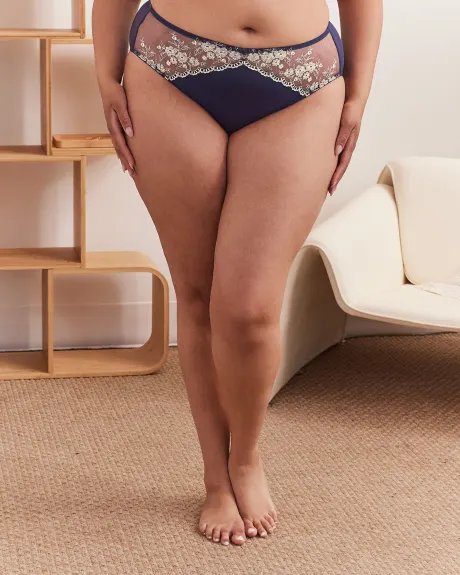 Culotte échancrée bleue avec dentelle brodée et arrière en mesh - Déesse Collection