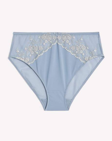 Culotte échancrée bleue avec dentelle brodée et arrière en mesh - Déesse Collection