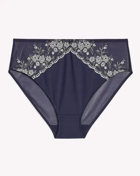 Culotte échancrée bleue avec dentelle brodée et arrière en mesh - Déesse Collection