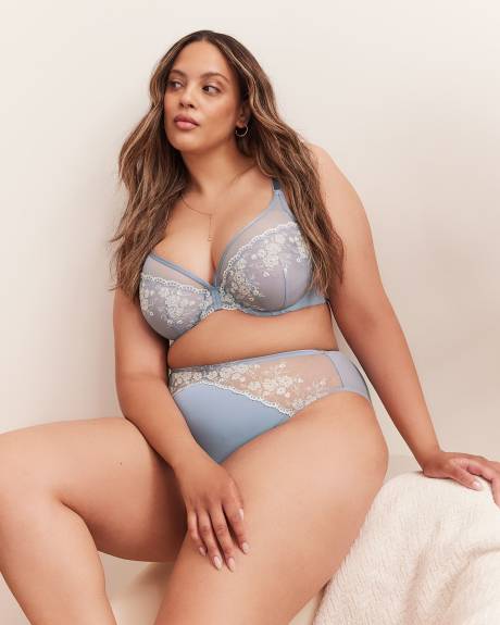 Culotte échancrée bleue avec dentelle brodée et arrière en mesh - Déesse Collection