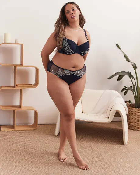 Culotte échancrée bleue avec dentelle brodée et arrière en mesh - Déesse Collection