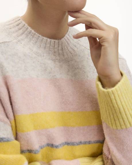 Striped Long-Raglan-Sleeve Mock-Neck Sweater