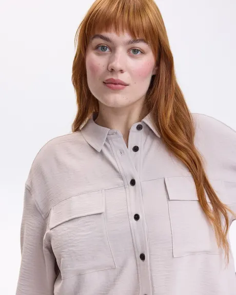 Long-Sleeve Shirt-Collar Blouse with Utility Pockets