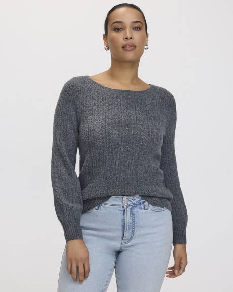 Long-Sleeve Boat-Neck PlushSoft Sweater with Fancy Stitches