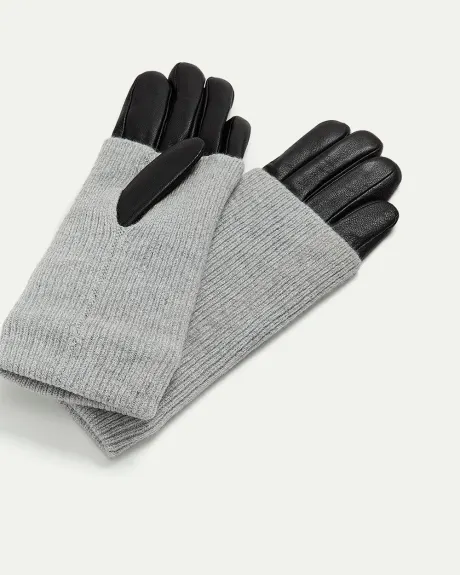 Leather Gloves with Knit Fold-Over