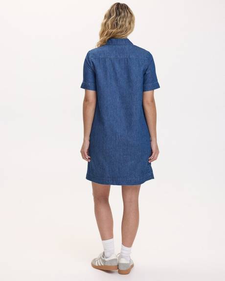 Short-Sleeve Denim Dress with Shirt Collar